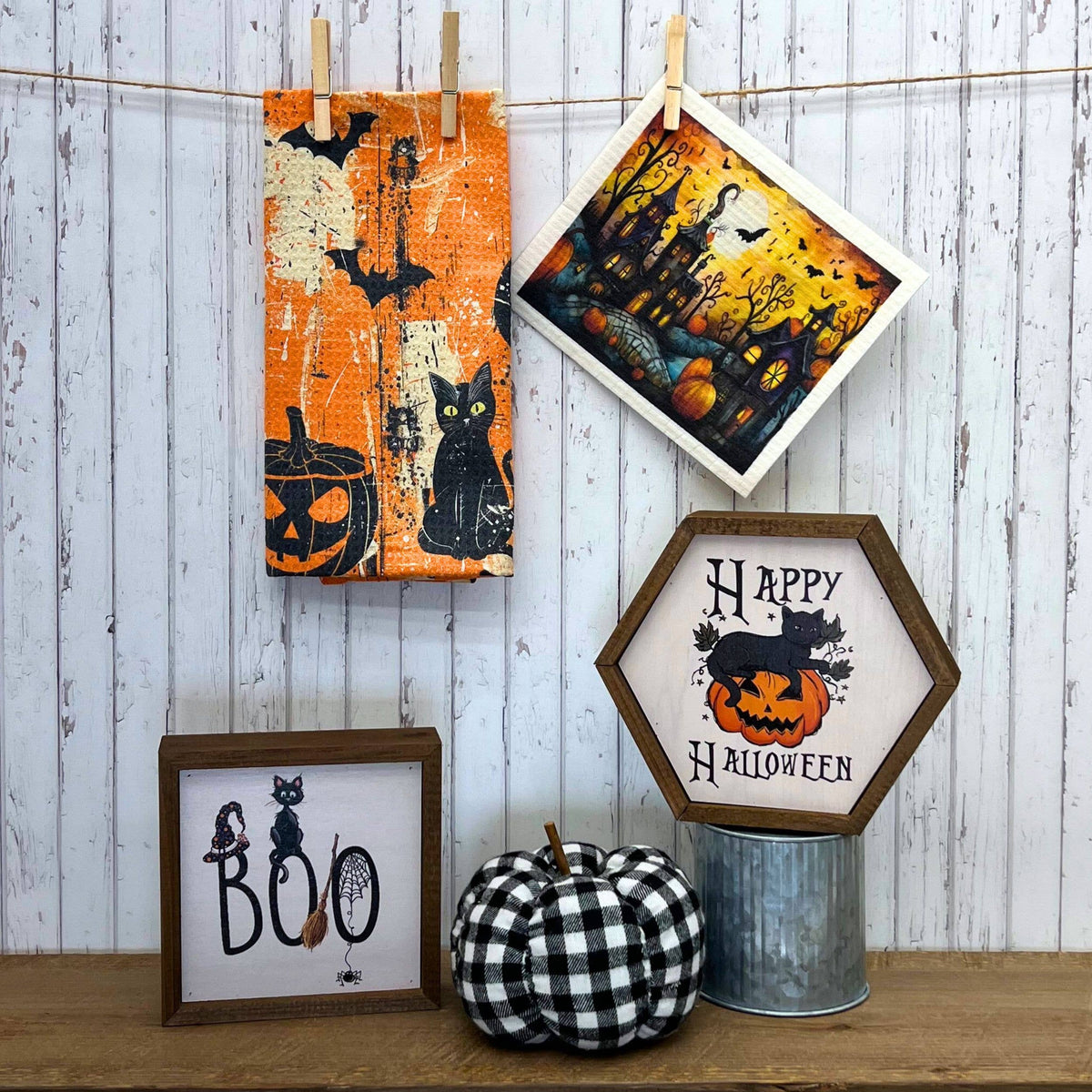 Halloween Black Cats & Pumpkins Waffle Towels