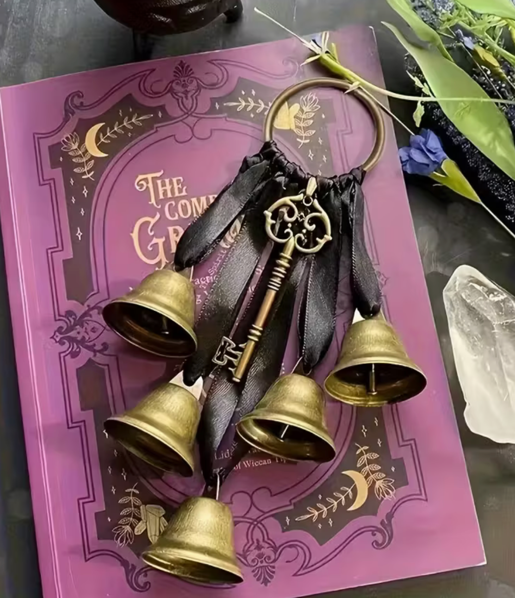 Bohemian Witch Bell Home Protection - Metal Wall Hanging with Ribbon