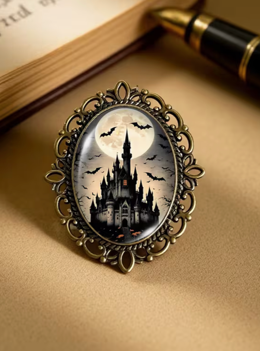 Haunted Castle Oval Lace-Edged Glass Brooch