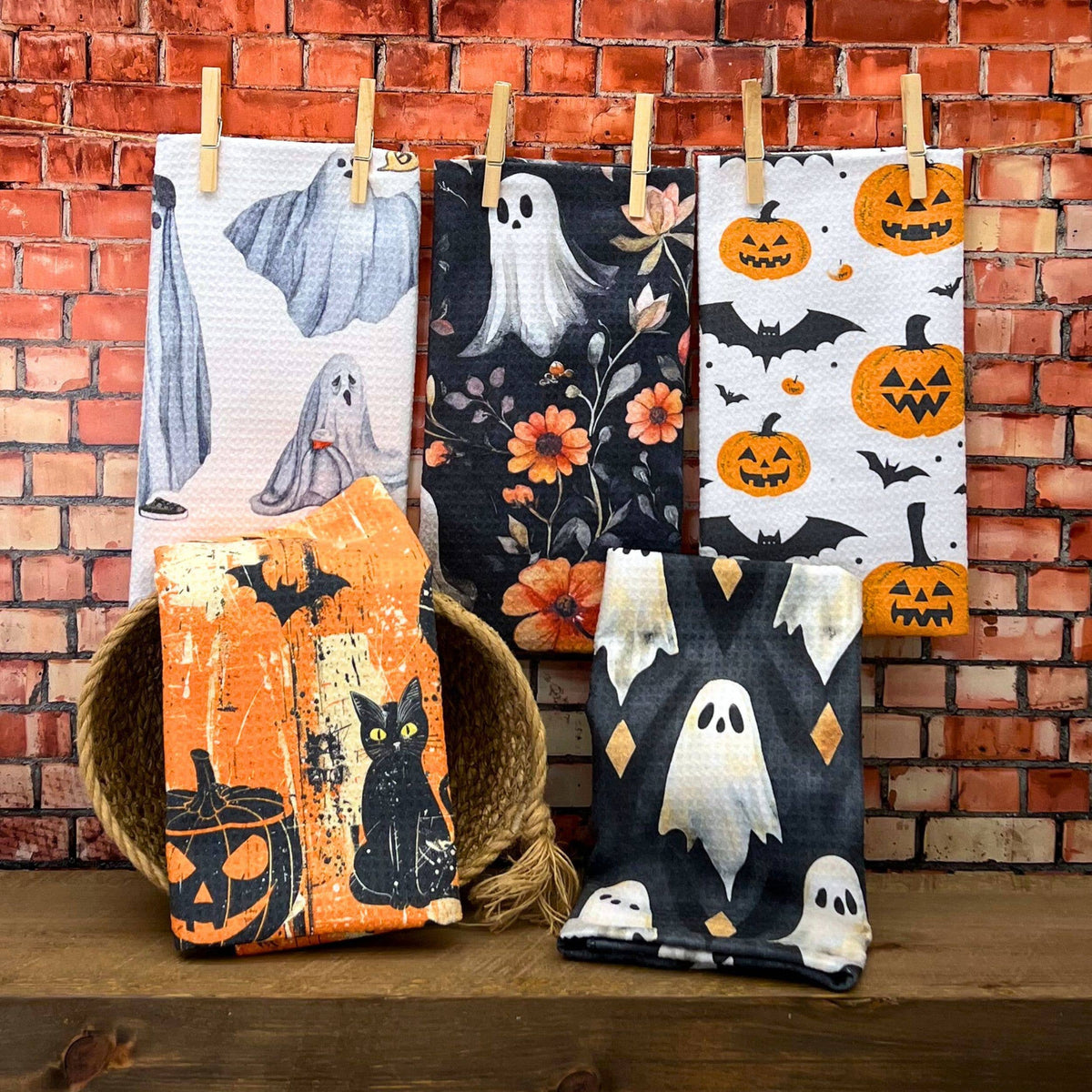 Halloween Black Cats & Pumpkins Waffle Towels